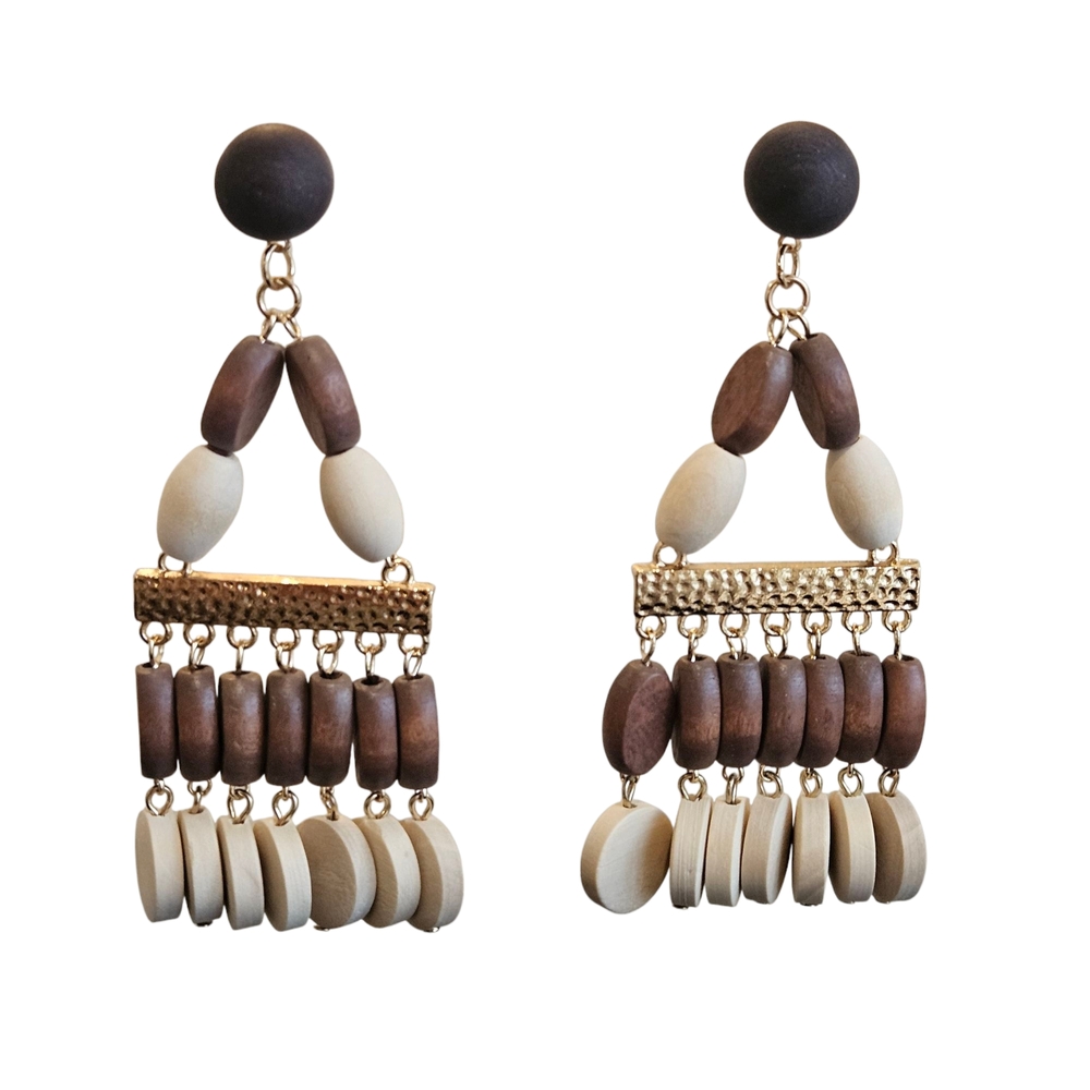 NWT - Gorgeous Boho Wooden Chandelier Earrings Multicolored - Picture 7 of 8